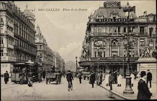 Ak Bruxelles Brüssel, Place de la Bourse, Straßenbahn, Denkmal