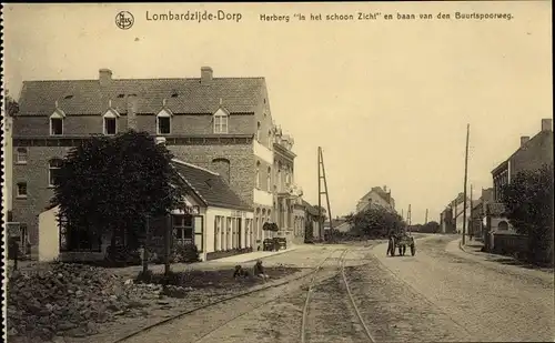 Ak Lombardsijde Lombartzyde Westflandern, Herberg "in het schoon Zicht" en baan van de Bourtspoorweg