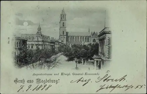 Mondschein Ak Magdeburg, Augustastraße und Königl. Generalkommando