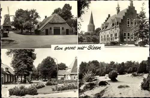 Ak Sleen Drenthe Niederlande, Gebäude, Windmühle, Dünen, Straße, Kirche