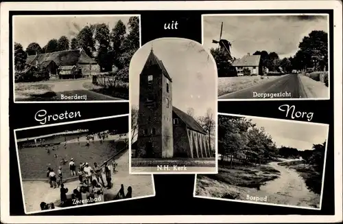 Ak Norg Drenthe, Boerderij, Dorpsgezicht, N.H. Kerk, Zwembad, Bospad