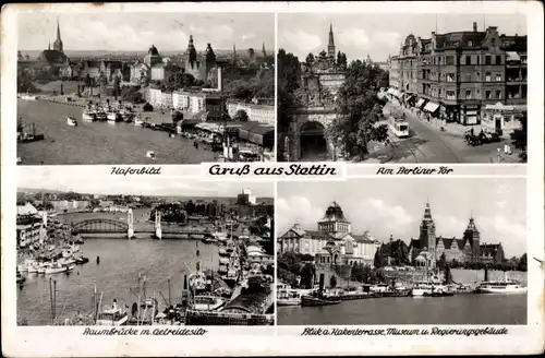Ak Szczecin Stettin Pommern, Hafenbild, Am Berliner Tor, Baumbrücke, Museum, Hakenterrasse