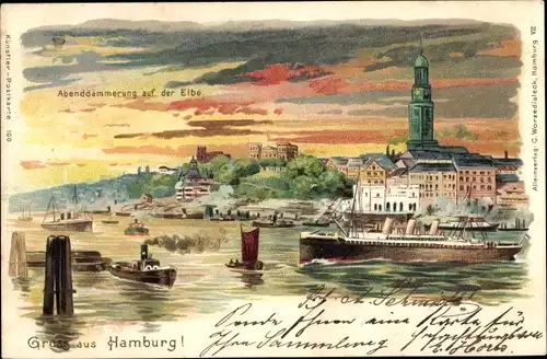 Litho Hamburg, Abenddämmerung auf der Elbe