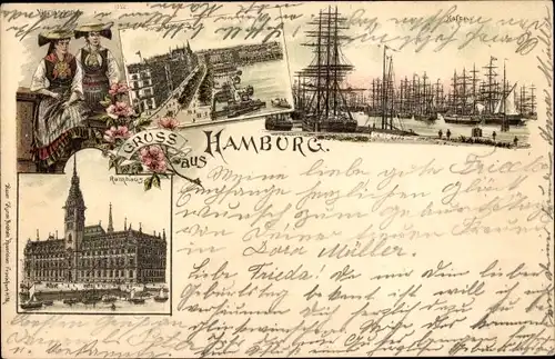 Litho Hamburg MItte Altstadt, Hafenpartie, Segelschiffe, Vierländerin, Jungfernstieg