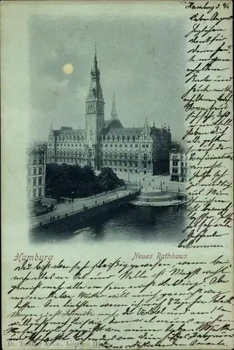 Mondschein Ak Hamburg Mitte Altstadt, Neues Rathaus, bei Nacht