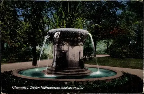 Ak Chemnitz in Sachsen, Zipper-Müllerbrunnen, Schlossteichinsel