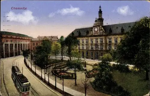 Ak Chemnitz Sachsen, Blick auf das Neue Rathaus, Straßenbahn, Gartenanlage