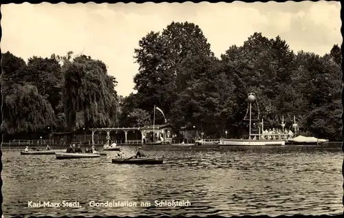 Ak Chemnitz Sachsen, Gondelstation am Schlossteich, Ruderboote