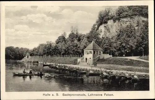 Ak Halle an der Saale, Saalepromenade, Lehmanns Felsen, Ruderer