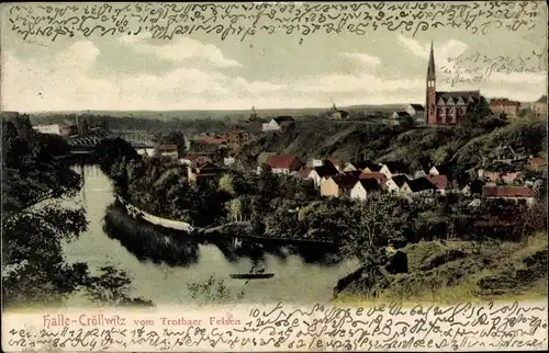 Ak Cröllwitz Halle an der Saale, Blick vom Trothaer Felsen auf den Ort