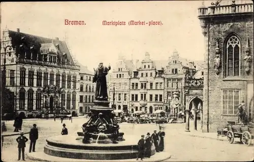 Ak Hansestadt Bremen, Marktplatz, Brunnen mit Denkmal, Marktszene