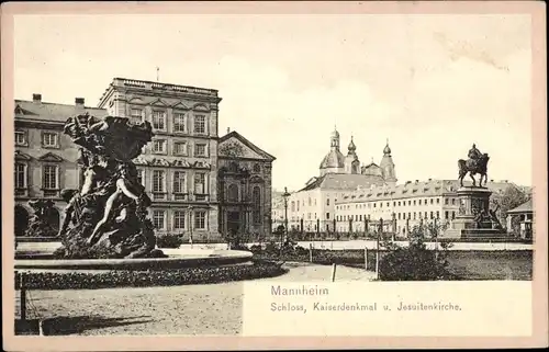 Ak Mannheim in Baden, Schloss, Kaiserdenkmal, Jesuitenkirche