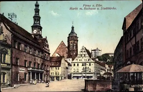 Ak Pirna an Elbe, Markt, Rathaus, Stadtkirche, Sparkasse