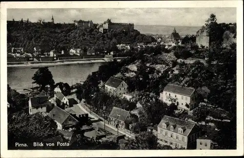 Ak Pirna an der Elbe, Blick von Posta, Panorama mit Fluss