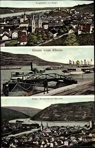 Ak Bingen am Rhein, Bingerbrück, Schiffe, Panorama, Mäuseturm und Ehrenfels
