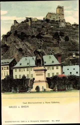 Ak Caub Kaub am Rhein, Blücherdenkmal, Ruine Gutenfels