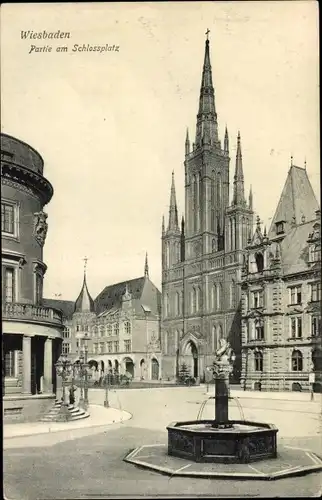 Ak Wiesbaden in Hessen, Partie am Schlossplatz, Brunnen, Kirche