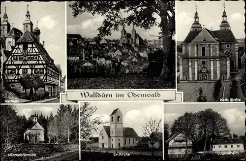 Ak Walldürn im Odenwald, Kirchen, Rathaus, Märzenbrünnlein, Jugendheim