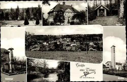 Ak Trienz Fahrenbach Odenwald, Landschaft, Schulhaus, Kirche, Brücke, Denkmal