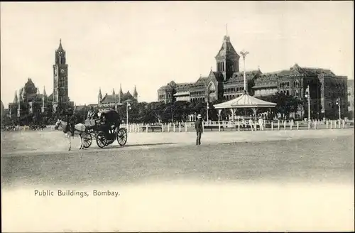 Ak Mumbai Bombay Indien, Public Buildings, öffentliche Gebäude, Uhrenturm, Kutsche