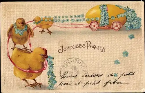 Präge Ak Glückwunsch Ostern, Küken, Vergissmeinnicht, Osterei