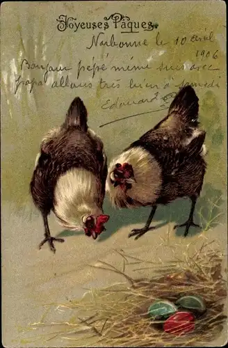 Präge Litho Glückwunsch Ostern, Hühner und bunte Ostereier