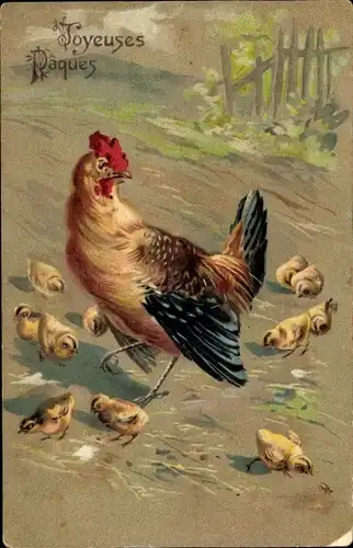 Präge Ak Glückwunsch Ostern, Hahn mit Küken