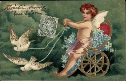 Präge Litho Engel, Tauben, Fuhrwerk, Vergissmeinnicht