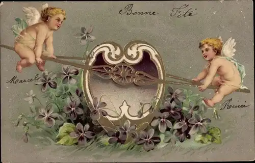 Präge Litho Engel beim Wippen, Veilchen