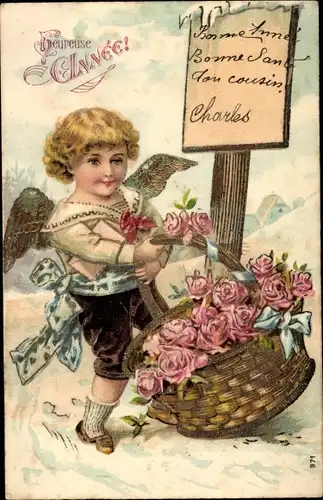 Ak Glückwunsch Neujahr, Engel, Korb, Rosen