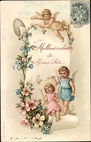 Ak Glückwunsch, Bonne Fete, Engel, Blumen, Vergissmeinnicht