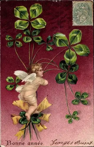 Präge Litho Glückwunsch Neujahr, Engel, Glücksklee