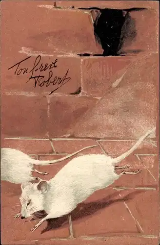 Präge Litho Zwei weiße Mäuse, Mäuseloch, Flucht