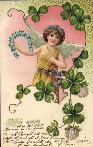 Präge Litho Glückwunsch Neujahr, Engel, Glücksklee, Hufeisen, Vergissmeinnicht