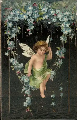 Präge Ak Glücksfee beim Schaukeln, Vergissmeinnicht