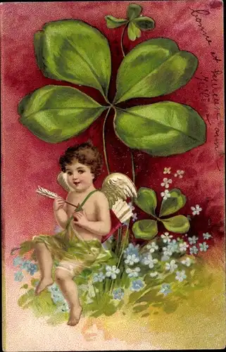 Präge Litho Ansicht eines Engels mit Pfeilen, Kleeblätter, Liebesgott, Amor, Eros