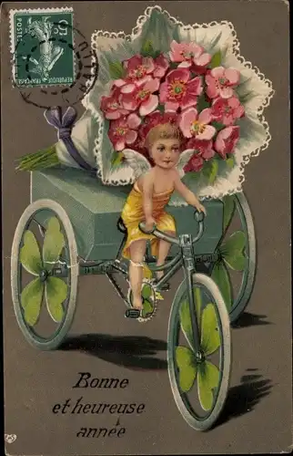 Präge Ak Glückwunsch Neujahr, Engel, Glücksklee, Dreirad, Blumenstrauß