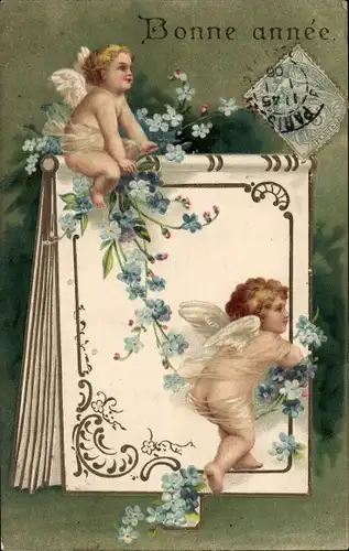 Präge Ak Glückwunsch Neujahr, Engel, Vergissmeinnicht, Notizbuch