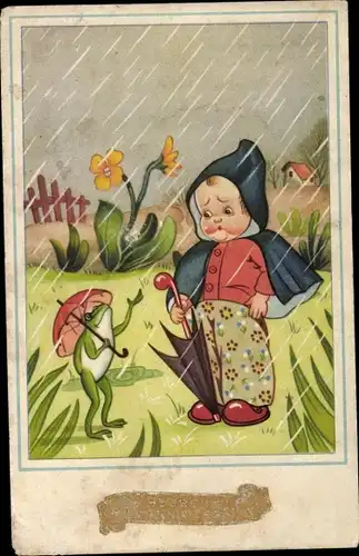 Ak Regnerisches Wetter, Junge mit Regenschirm, Frosch, Blumen