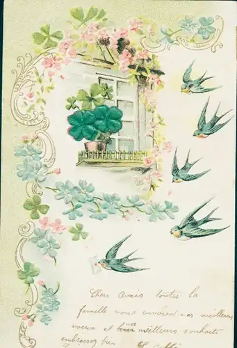 Präge Litho Schwalben im Flug, Fenster, Haus, Glücksklee, Blumentopf, Vergissmeinnicht