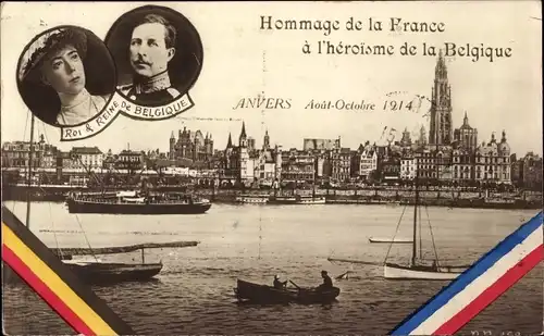 Ak Antwerpen Anvers Flandern, Hommage de la France a l'heroisme de la Belgique 1914, Albert I.