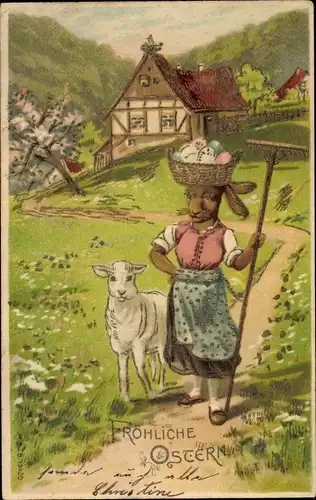 Präge Litho Glückwunsch Ostern, Vermenschlichte Häsin trägt Korb auf dem Kopf, Eier, Lamm