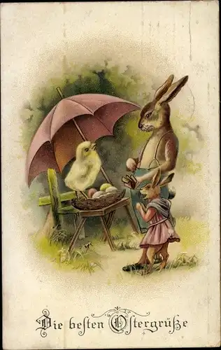 Ak Glückwunsch Ostern, Osterhasenvater und Osterhasenkind mit Küken, Schirm, Ei