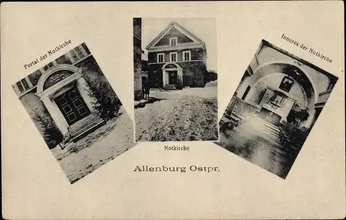 Ak Druschba Allenburg Ostpreußen, Notkirche, Portal, Innenansicht