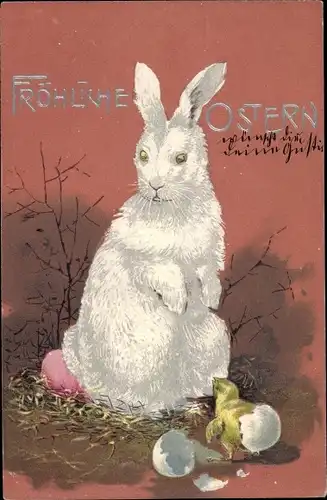 Präge Ak Glückwunsch Ostern, Osterhase, Ostereier, geschlüpftes Küken
