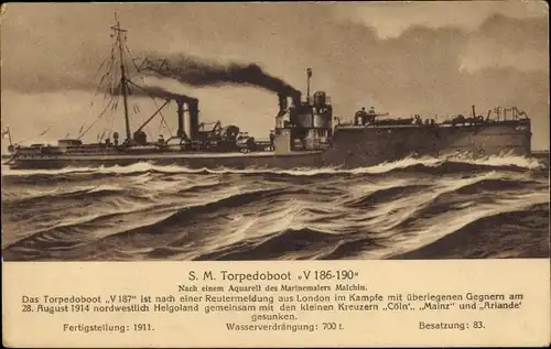 Künstler Ak Malchin, Deutsches Kriegsschiff, SM Torpedoboot V 186-190, Kaiserliche Marine