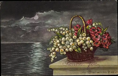 Künstler Ak Colombo, E., Glückwunsch Geburtstag, Bonne fete, Blumen im Korb