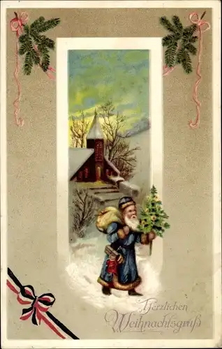 Ak Glückwunsch Weihnachten, Weihnachtsmann mit Tannenbaum, Patriotik