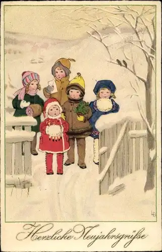 Künstler Ak Döring, Lia, Glückwunsch Neujahr, Kinder, Gartentor