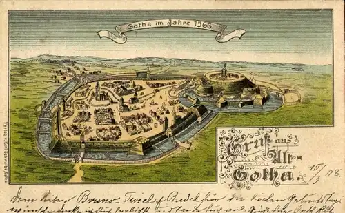 Litho Gotha Thüringen, Totalansicht der Stadt im Jahre 1566, Stadtmauern